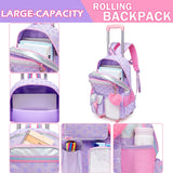 Meetbelify Girls Rolling Backpack with Wheels - Cute Kawaii Carry On Backpack for Elementary Students - Purple