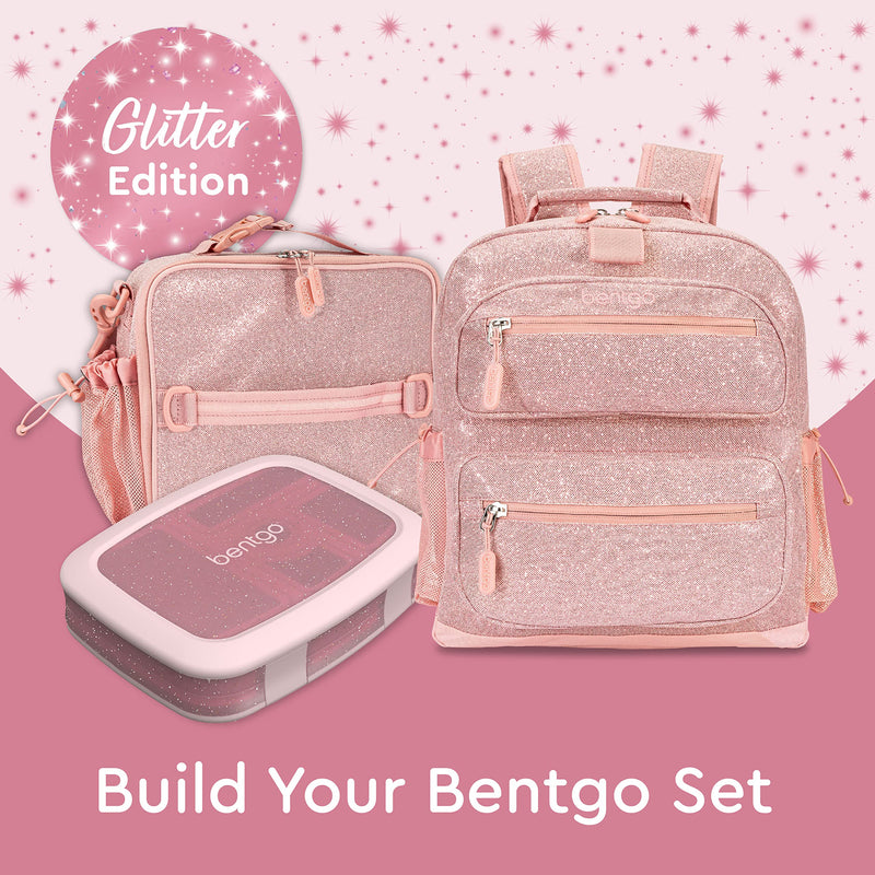 Bentgo Kids Glitter Backpack - Lightweight 14” Backpack for School, Travel & Daycare, Ideal for Ages 4+, Durable & Water-Resistant, Roomy Interior, & Loop for Lunch Bag (Glitter Edition - Petal Pink)