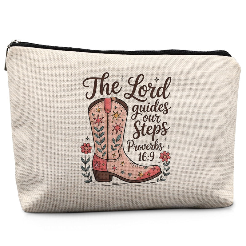 Absnfatu Western Cowgirl Christian Makeup Bag, Proverbs 16:9 Bible Verse Cosmetic Bags for Women, Western Gifts, Rustic Floral Cowgirl Boots Makeup Zipper Pouch