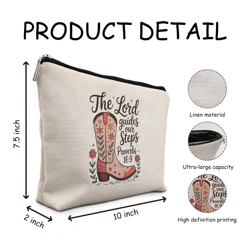 Absnfatu Western Cowgirl Christian Makeup Bag, Proverbs 16:9 Bible Verse Cosmetic Bags for Women, Western Gifts, Rustic Floral Cowgirl Boots Makeup Zipper Pouch