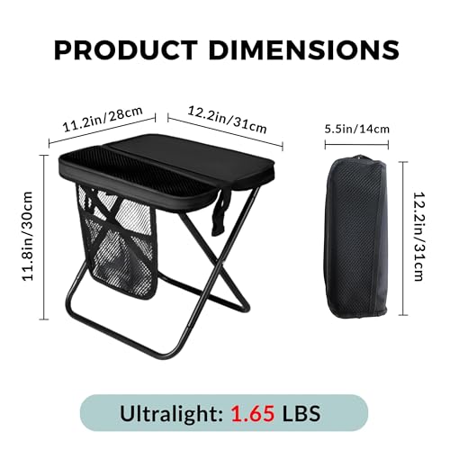 ABUUL Portable Folding Stool – 12" Tall Collapsible Backpack Stool with Storage Pouch, Hands-Free Carry & Supports 300 lbs, Ultralight for Hiking, Fishing, Camping, Festivals (Black, Standard)