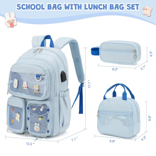 ACESAK 3PCS Girls Backpack Set - Ita Backpack Pins with Lunch Bag & Pencil Case, Kawaii Pin Display Backpack for Girls Preschool Kindergarten Elementary Middle School with Clear Pocket(Dusty Blue)