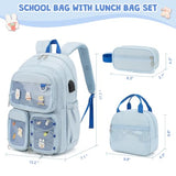 ACESAK 3PCS Girls Backpack Set - Ita Backpack Pins with Lunch Bag & Pencil Case, Kawaii Pin Display Backpack for Girls Preschool Kindergarten Elementary Middle School with Clear Pocket(Dusty Blue)