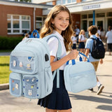 ACESAK 3PCS Girls Backpack Set - Ita Backpack Pins with Lunch Bag & Pencil Case, Kawaii Pin Display Backpack for Girls Preschool Kindergarten Elementary Middle School with Clear Pocket(Dusty Blue)
