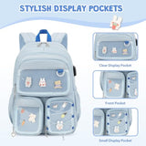 ACESAK 3PCS Girls Backpack Set - Ita Backpack Pins with Lunch Bag & Pencil Case, Kawaii Pin Display Backpack for Girls Preschool Kindergarten Elementary Middle School with Clear Pocket(Dusty Blue)