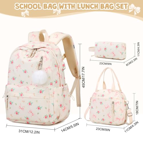 ACESAK Backpack for Girls - Corduroy Girls Backpack with Lunch Bag & Pencil Pouch for Teen Kids Laptop Backpack for Women, Middle High School Bookbag Travel Daypack (Bow Tie Flower)