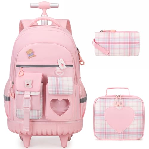 ACESAK Rolling Backpack for Girls - Roller Wheels School Bookbag with Lunch Bag & Pencil Pouch for Teen Girls Kids Wheeled Suitcase | Backpacks4Less