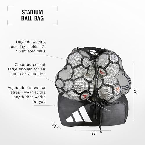 adidas Stadium Mesh Soccer Bag, Laundry Bag, Heavy Duty Soccer Ball Bags for Coaches, Men and Women, Holds Up To 15 Balls