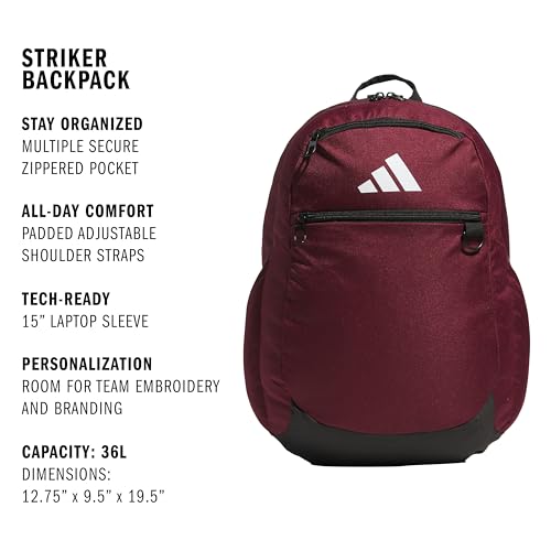 adidas Striker 3 Team Sports Backpack – Daypack for Sports Gym Travel, 36L, Maroon, OSFA