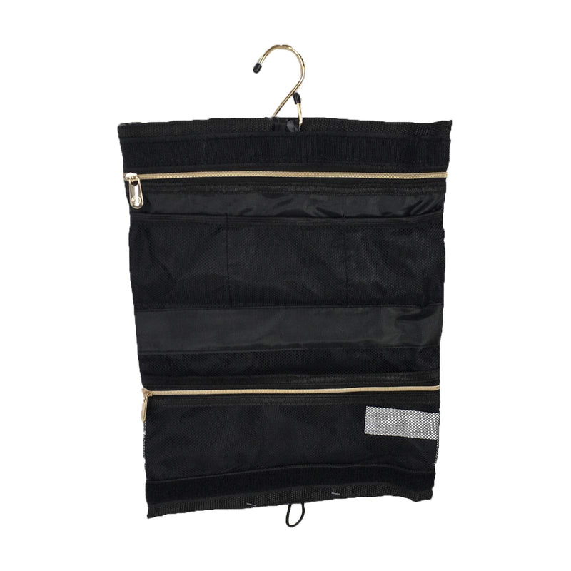 Adrienne Vittadini Black Grey Nylon Travel Cosmetic Case, Hanging Organizer with Multiple Pockets & Hook, Portable Makeup Bag