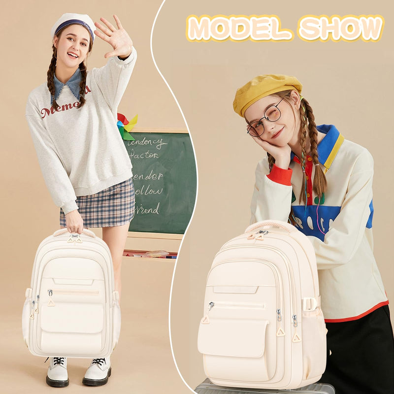 AFGWK Cute Backpack for School Teen Girls Beige Bookbag Aesthetic Womens Travel Book Bags for School Kids Student Back Packs