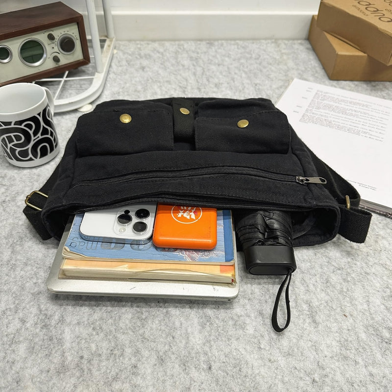 AFGWK School Vintage Canvas Messenger Bag for Men Crossbody Shoulder Bag Satchel Handbags(Black)