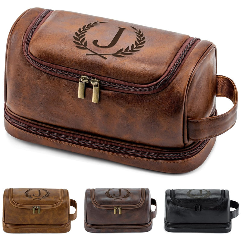 Aganmi Personalized Christmas Birthday Gifts Toiletry Bag for Men Dad Husband, Custom Initial PU Leather Waterproof Toiletry Organizer Dopp Kit Shaving Bag Travel Essential for Men, Reddish Brown J