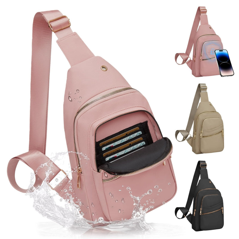 Aganmi Small RFID Waterproof Travel Crossbody Sling Bags for Women Men, Hands Free Lightweight Sling Backpack Fanny Pack Cross Body Bag for Outdoors Hiking Traveling Fitness Commuting Leisure Pink