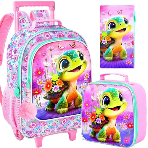AGSDON 3PCS Kids Rolling Backpack, Girls Roller Wheels Bookbag, Wheeled Elementary School Bag with Lunch Bag - Turtle | Backpacks4Less