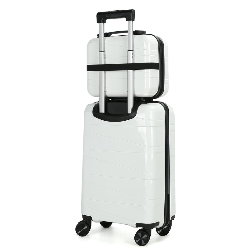 AGVOTK 21" Hardside Carry On Luggage 22x14x9 Airline Approved with Spinner Wheels, Lightweight Suitcase Set with Phone Holder and USB Port, 2 Piece (Pearl White, 21" Carry On & 14" Cosmetic Case)