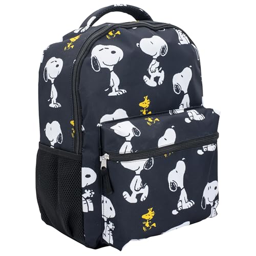 AI ACCESSORY INNOVATIONS Peanuts 16” Backpack With Front Pocket for Girls & Boys, Allover Print Bookbag Featuring Snoopy & Woodstock, Black