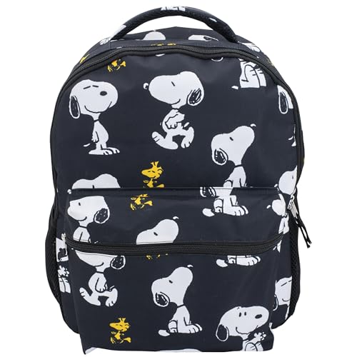AI ACCESSORY INNOVATIONS Peanuts 16” Backpack With Front Pocket for Girls & Boys, Allover Print Bookbag Featuring Snoopy & Woodstock, Black