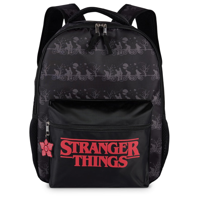AI ACCESSORY INNOVATIONS Stranger Things Backpack with Character Graphic Pattern, Black, 16x12x5 Inches, Polyester, 3 Pockets, Water Repellent, Adjustable Straps, Padded Back