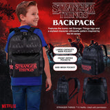 AI ACCESSORY INNOVATIONS Stranger Things Backpack with Character Graphic Pattern, Black, 16x12x5 Inches, Polyester, 3 Pockets, Water Repellent, Adjustable Straps, Padded Back