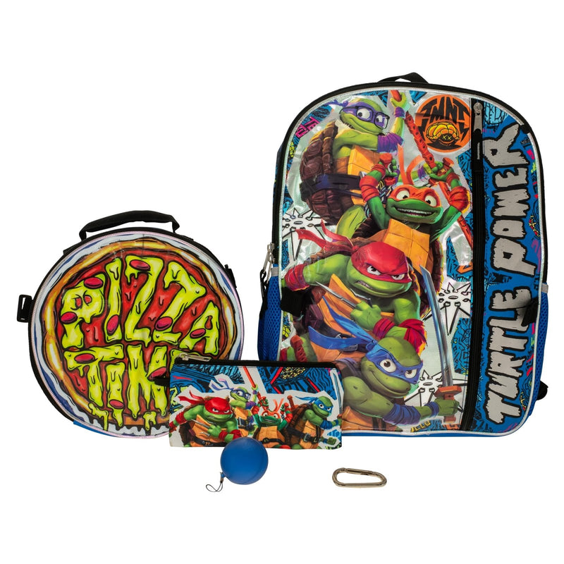 AI ACCESSORY INNOVATIONS Teenage Mutant Ninja Turtles 5 PC Backpack Set, Raphael, Leonardo, Donatello, & Michelangelo 16” School Bag, TMNT Bookbag, Blue