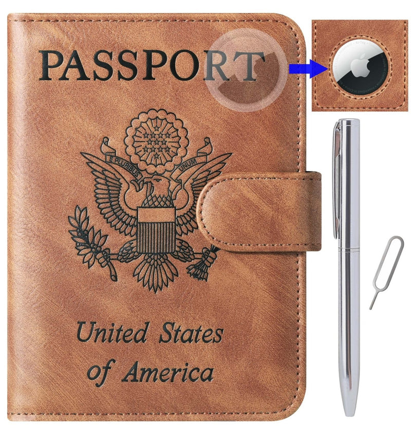 Airtag Passport Holder Cover Wallet Travel Essentials Leather Rfid Blocking Case Vacation Luggage Must Haves Travel Accessories for Men Women (117Brown)