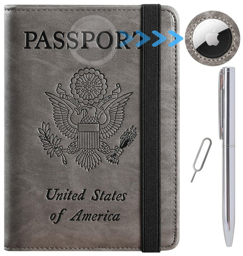 Airtag Passport Holder Cover Wallet Travel Essentials RFID Blocking Leather Card Case International Must Haves Travel Accessories for Women Men(119Grey)