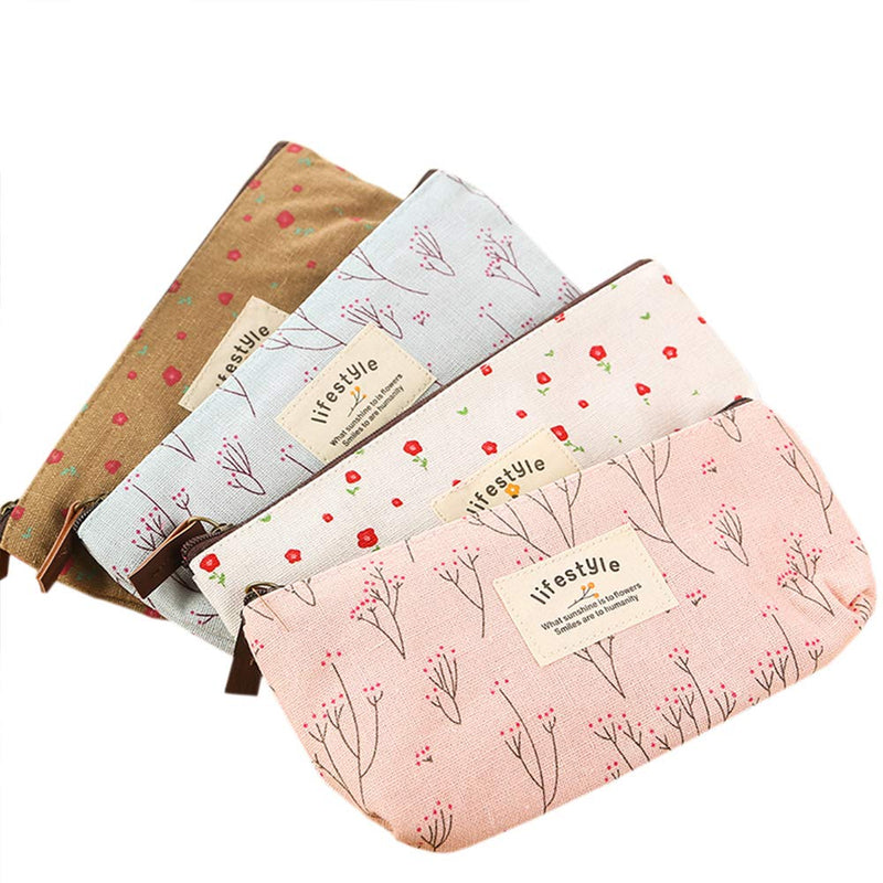 AKIRO Pencil Case, Cute Floral Flower Canvas Zipper Pencil Cases Lovely Fabric Flower Tree Pen Bags Supplies 4 Pcs