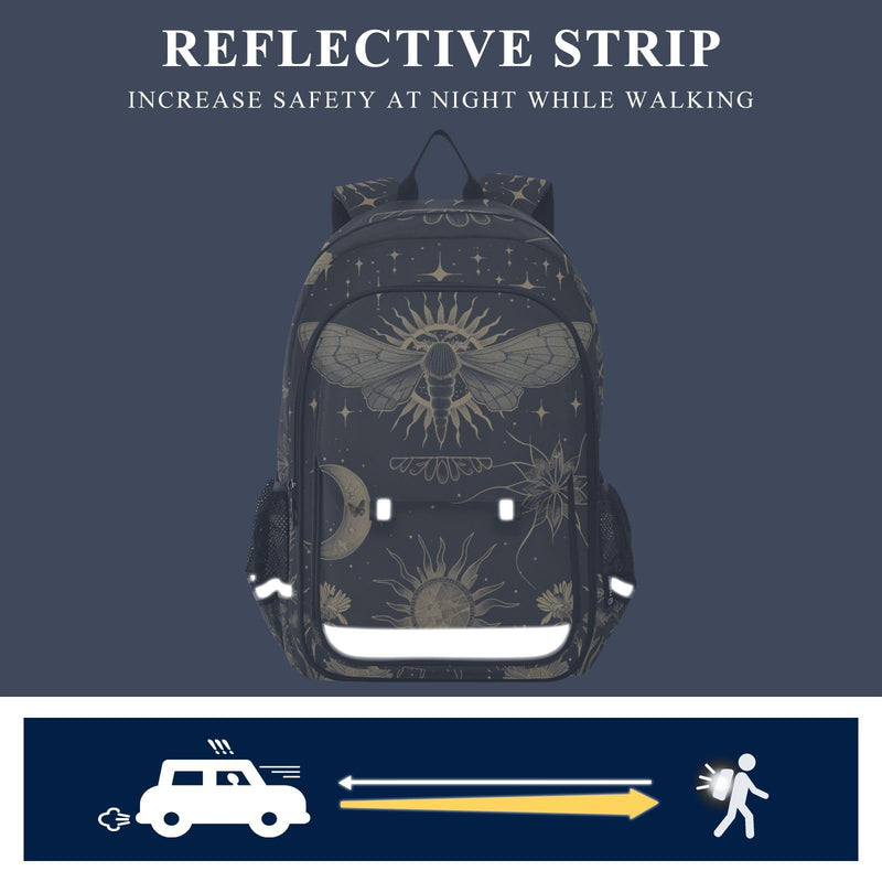 ALAZA Esoteric Alchemy Mystical Crescent Sun Stars Floral Elements School Backpacks Reflective Safety Backpack