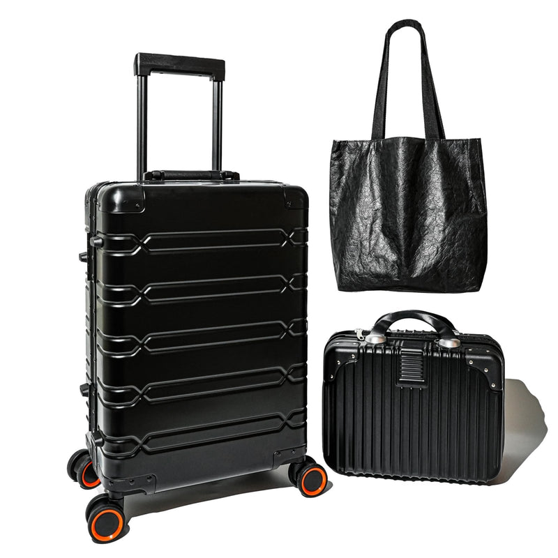 All Aluminum Carry On Luggage 22x14x9 Airline Approved, Zipperless Carry On Suitcase Hard Shell Carry On Luggage with Spinner Wheels, Black 3 - Piece with14in Hand Tote Suitcase,Eco - friendly tote bag