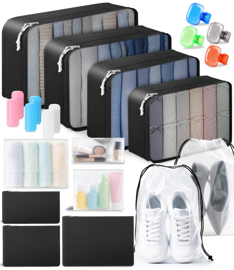 All - in - One 22 Pcs Packing Cubes for Travel Essentials –Includes Cubes,toothbrush covers，Silicone Bottle Cover,zipper bags, Matte Cosmetic Bag, Drawstring bag for Carry - On & Suitcase