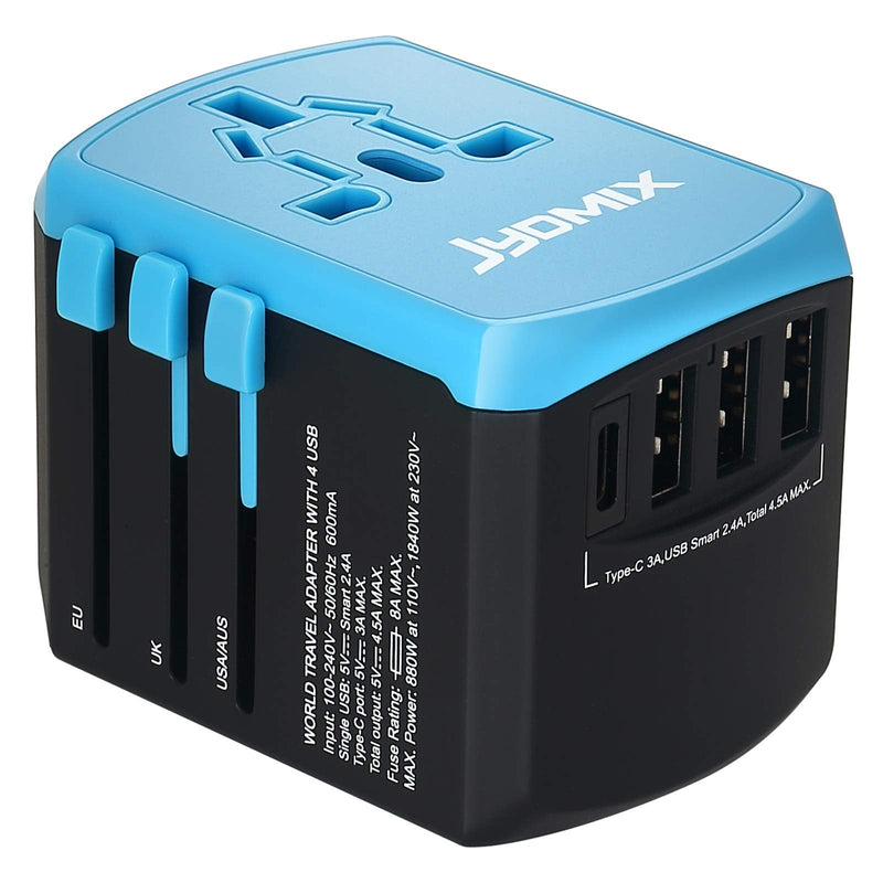 All in One Universal USB Travel Power Adapter with 3 USB Port and Type - C International Wall Charger Worldwide AC Power Plug 8 Pin AC Socket for Multi - Nation Travel UK, EU, AU, Asia