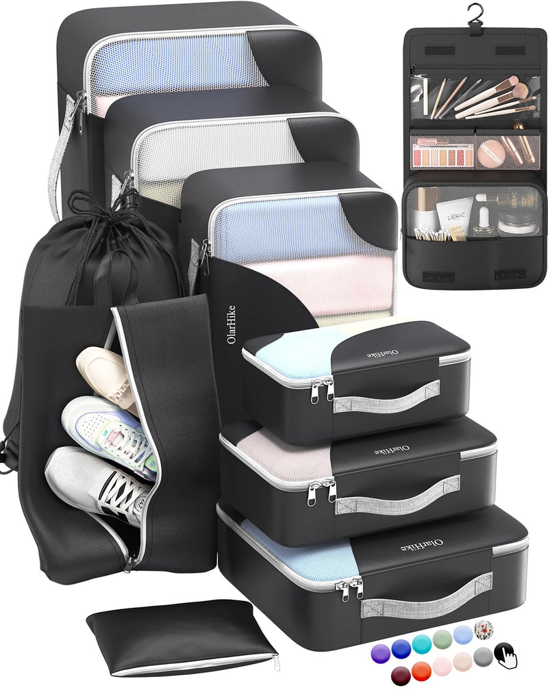 ALL INCLUDED 10 Set Durable Packing Cubes for Suitcases,OlarHike Essentials for Travel,UPGRADED Anti - Tear Stitching, NEW Improved Luggage Packing Organizers for Travel Accessories (Black)