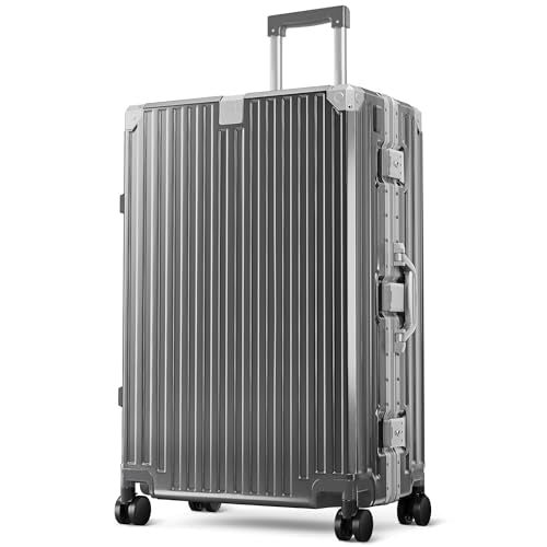 ALPHA CAMP Checked 28 Inch Luggage, Thickened Aluminum Frame Luggage with TSA Spinner Wheels, 3-Layer PC Hard Shell Zipperless Travel Suitcase, TypeC USB Charging Port, Cup Holder Grey