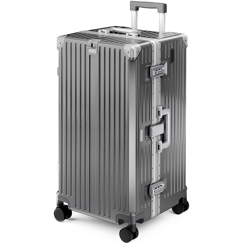 ALPHA CAMP Trunk Luggage, Large 28 Inch Thickened Aluminum Frame Luggage with TSA Spinner Wheels, 3 - Layer PC Hardside Zipperless Travel Suitcase, Type - C USB Charging Port, Cup Holder, Grey
