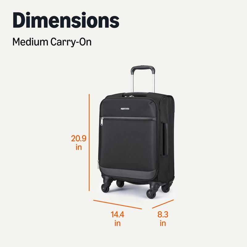 Amazon Basics 18" Medium Carry - On Softside Expandable Suitcase with 360 - Degree Spinner Wheels, Telescoping Handle, Zippered Pocket and Straps, Black
