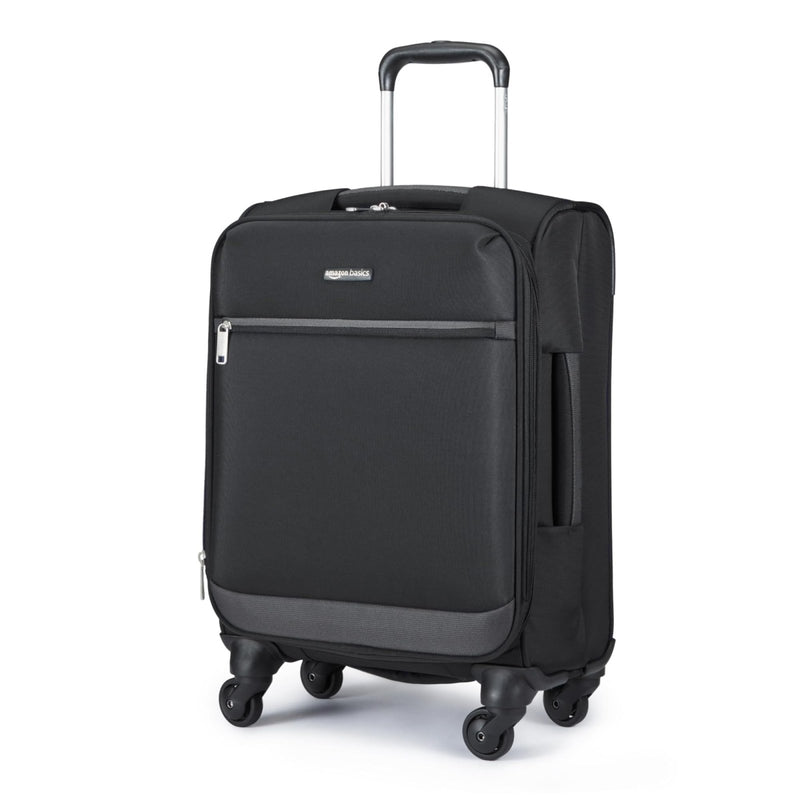Amazon Basics 18" Medium Carry - On Softside Expandable Suitcase with 360 - Degree Spinner Wheels, Telescoping Handle, Zippered Pocket and Straps, Black