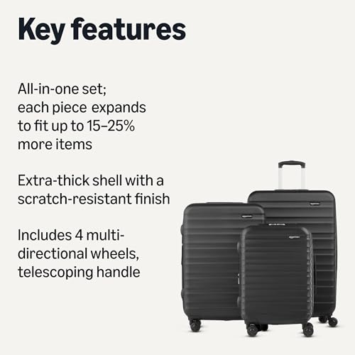 Amazon Basics 3-Piece Hardshell Luggage Set (21", 26", 30"), Scratch-Resistant Expandable Suitcases with Multi-directional Wheels and Telescoping Handle, Black