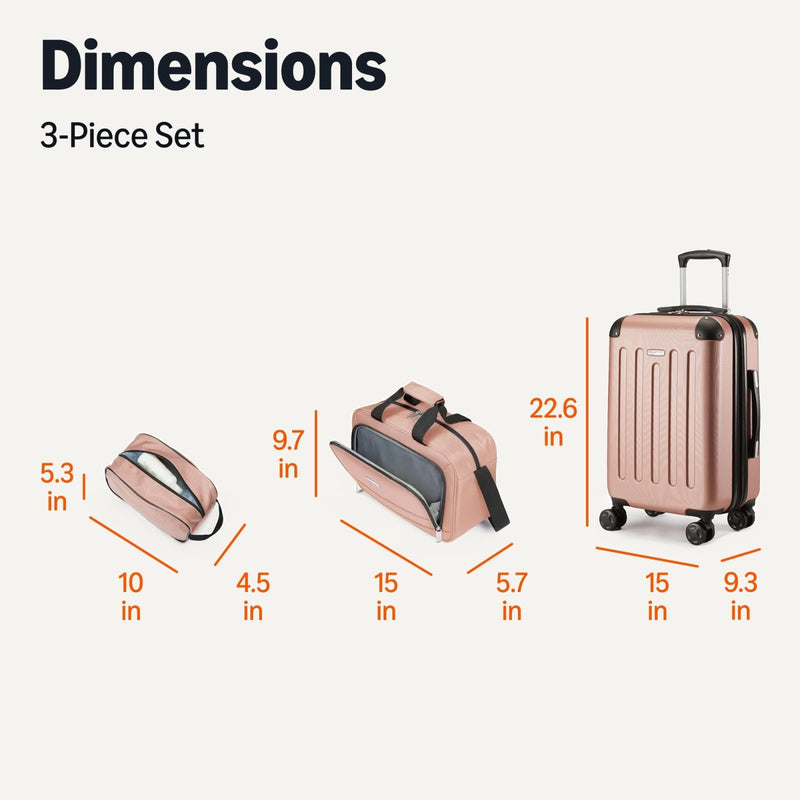 Amazon Basics 3 - Piece Luggage Set, Including One 22" Expandable Hardside Suitcase With 8 Spinner Wheels, One 15 - inch Tote Bag, and One 10 - inch Compact Travel Bag, Rose Gold