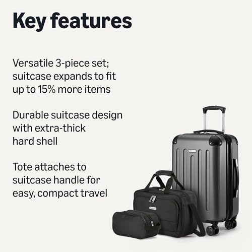 Amazon Basics 3-Piece Luggage Set with Spinner Wheels, Including 22" Expandable Hardside Carry-On Suitcase, 15-inch Tote Bag, and 10-inch Compact Travel Bag, Black