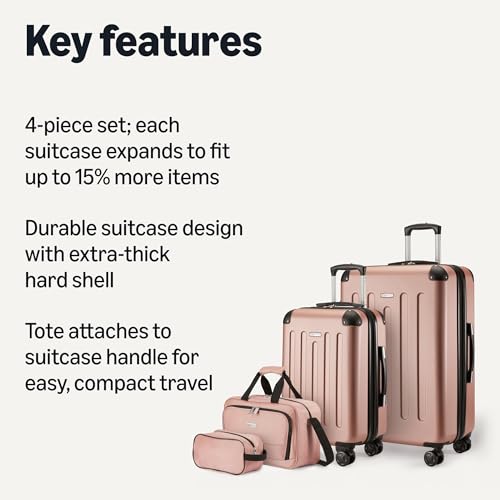 Amazon Basics 4-Piece Luggage Set, Hardside Spinner Suitcases with Multidirectional Wheels (22" Carry-On and 28" Checked), Plus 15-inch Tote Bag and 10-inch Compact Travel Bag, Rose Gold