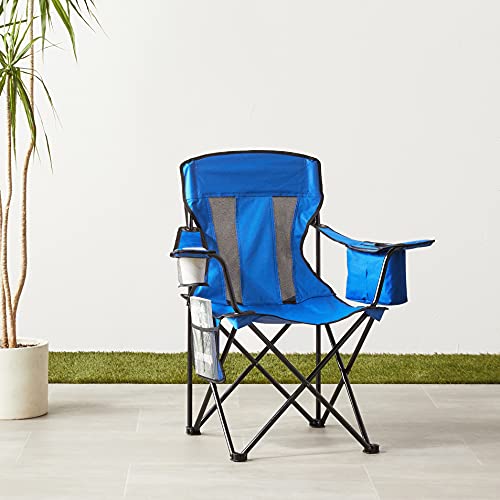 Amazon Basics Portable Folding Camping Chair with 4-Can Cooler, Side Pocket, Cup Holder, and Carry Bag, Sturdy, Breathable Mesh Back, Large, Blue