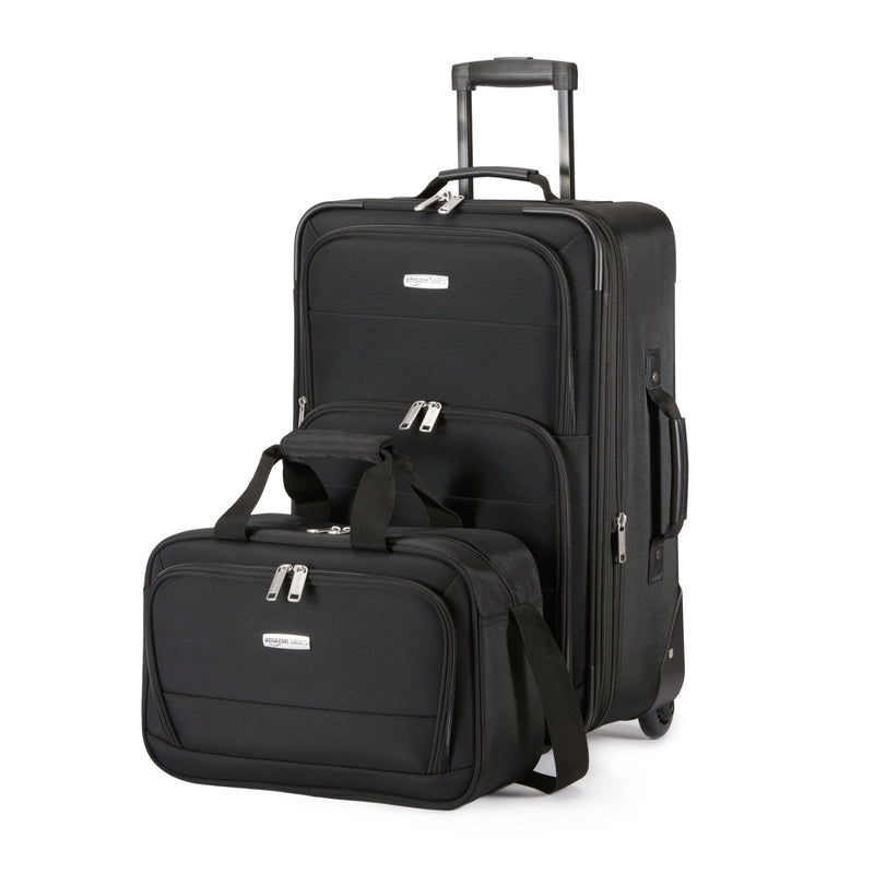Amazon Basics Softside Luggage Set, 23 - Inch Expandable Suitcase with Wheels and 15 - Inch Tote, Extra Space (+15%), Front Pockets, Telescopic Handle, Black