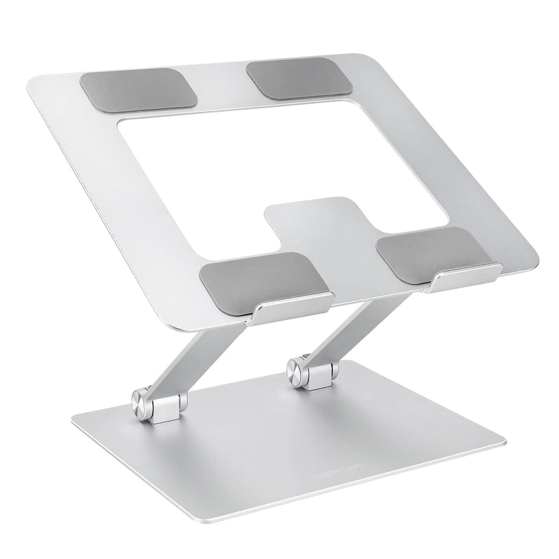 Amazon Basics Sturdy and Portable Ergonomic Laptop Stand for Desk, Height Adjustable Riser with Ventilated Cooling, Foldable, Fits all Laptops up to 17.3 Inch, Silver, 10 x 8.7 x 6 in
