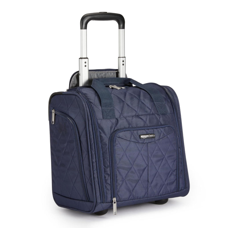 Amazon Basics Underseat Carry - On Luggage with Wheels, 14" Rolling Travel Bag, Fits Under the Seat with Multiple Pockets and Compartments, Navy Quilted