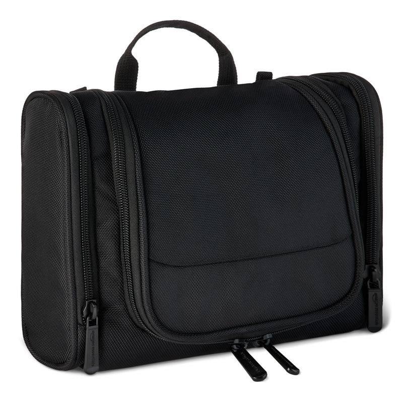 Amazon Essentials Spacious Toiletry Bag, Hanging Cosmetic Dopp Kit with Multiple Compartments, Durable 1680D Polyester, Large Capacity Storage, Compact Design, Black (Previously Amazon Basics)