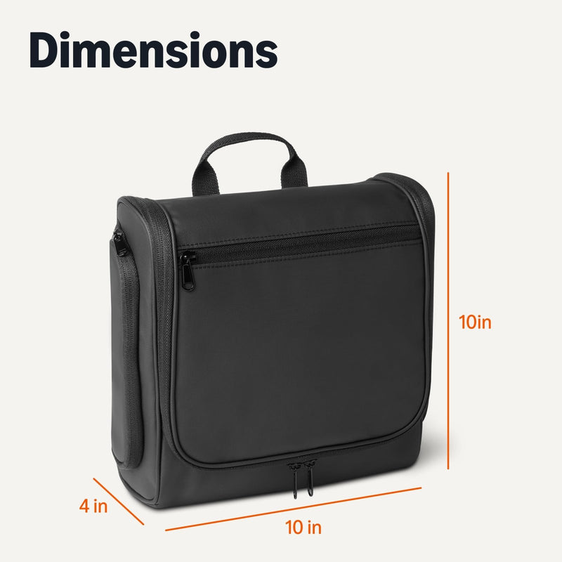 Amazon Essentials Waterproof Travel Toiletry Bag for Men and Women, Hanging Dopp Kit with Multiple Interior Pockets, 2 Side Pockets, Black, 10" x 4" x 10"