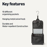 Amazon Essentials Waterproof Travel Toiletry Bag for Men and Women, Hanging Dopp Kit with Multiple Interior Pockets, 2 Side Pockets, Black, 10" x 4" x 10"