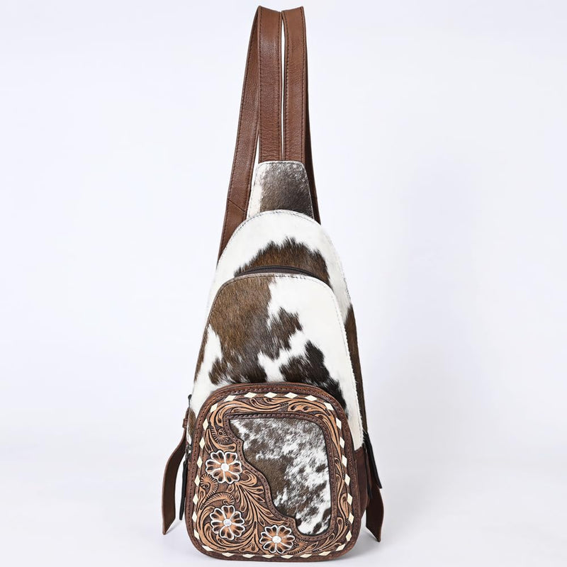 American Darling Western Sling Backpack Handcrafted from Hair - On Cowhide & Genuine Leather | Tooled Floral Pocket Detail