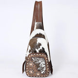 American Darling Western Sling Backpack Handcrafted from Hair - On Cowhide & Genuine Leather | Tooled Floral Pocket Detail